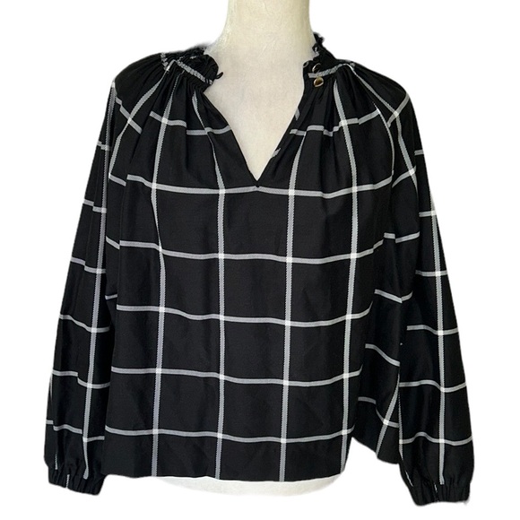 Marie Oliver Silk Black & White Plaid Windowpane Printed Ruffle Neck Blouse - S - Picture 4 of 14